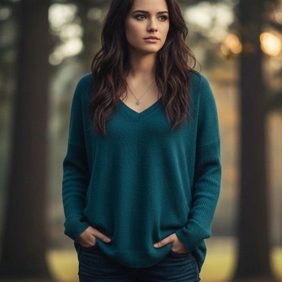 Old Navy Sweaters - Vintage XL Teal Blue Wool Angora‎ Blend Deep V-Neck Ribbed Sleeve Y2K Sweater